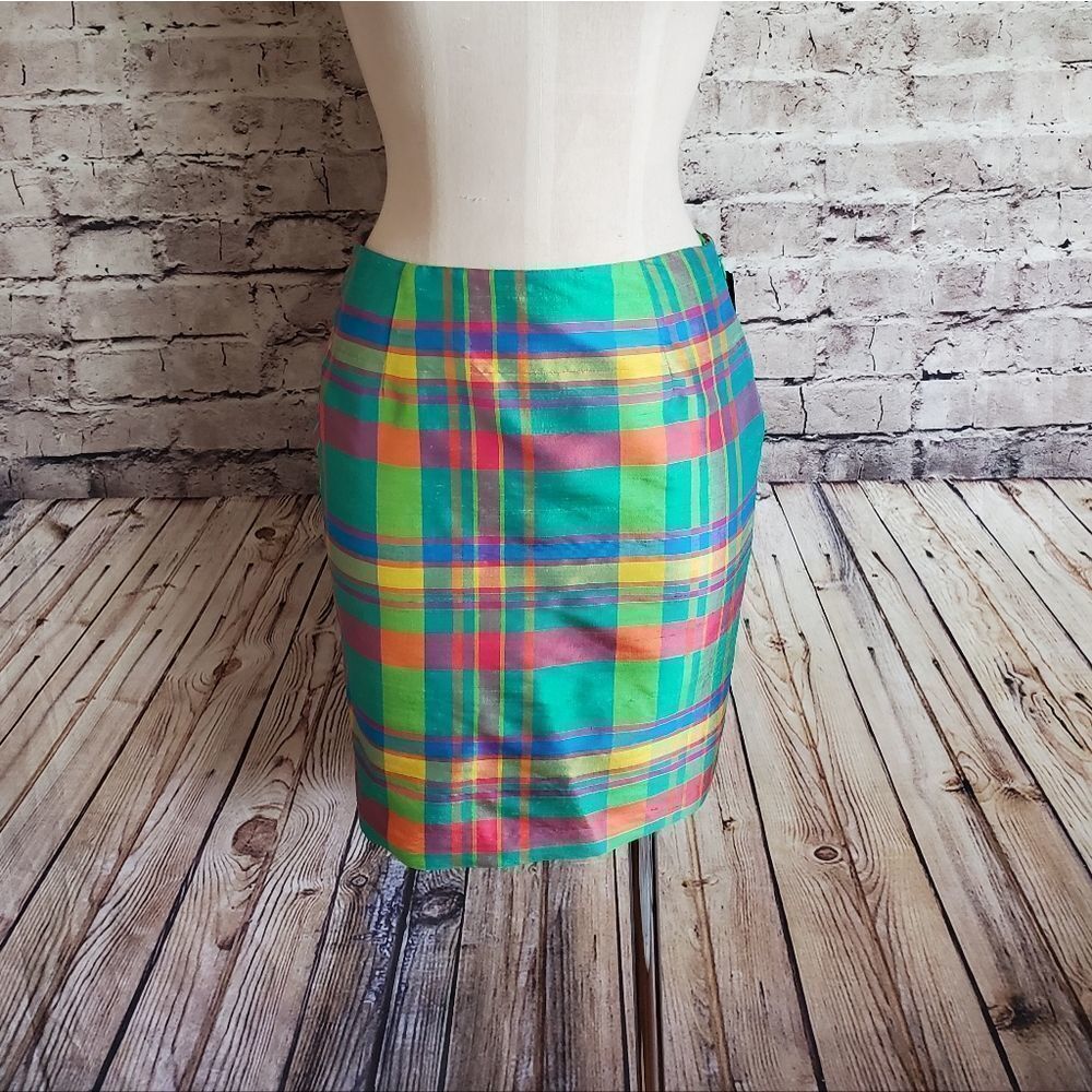 New Lauren Ralph Lauren Short Silk Madras Pencil Skirt - Picture 2 of 7